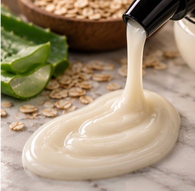 Coconut milk body wash texture pour shot on white marble with coconut
